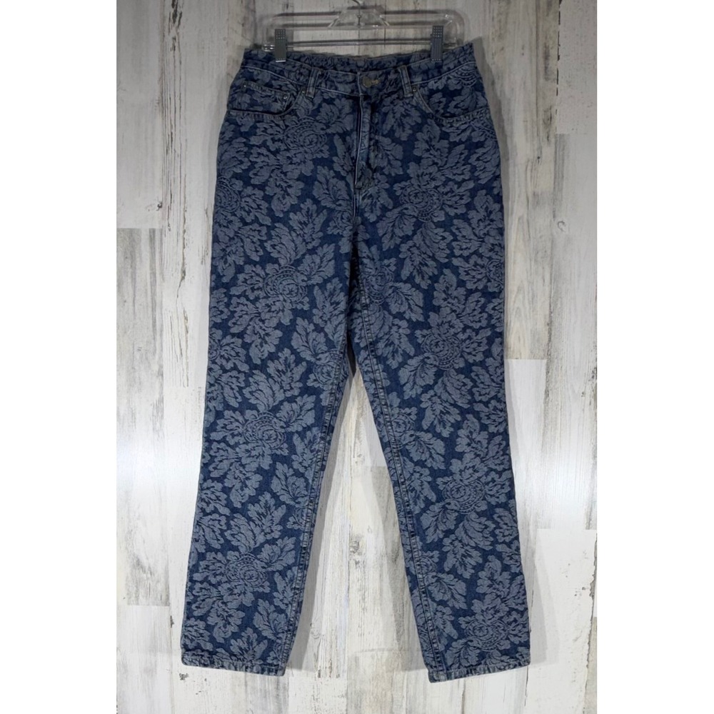 Chicos Design Jeans Size 1 (27x29) Blue‎ Floral Damask Textured Straight Leg